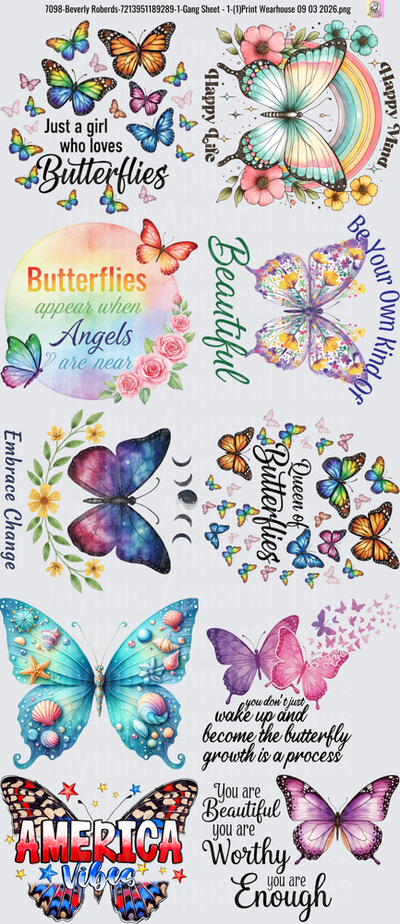 Gang Sheet FULL SIZE DESIGNS Inspirational Butterfly Quotes Collection with Colorful Wings and Floral Elements