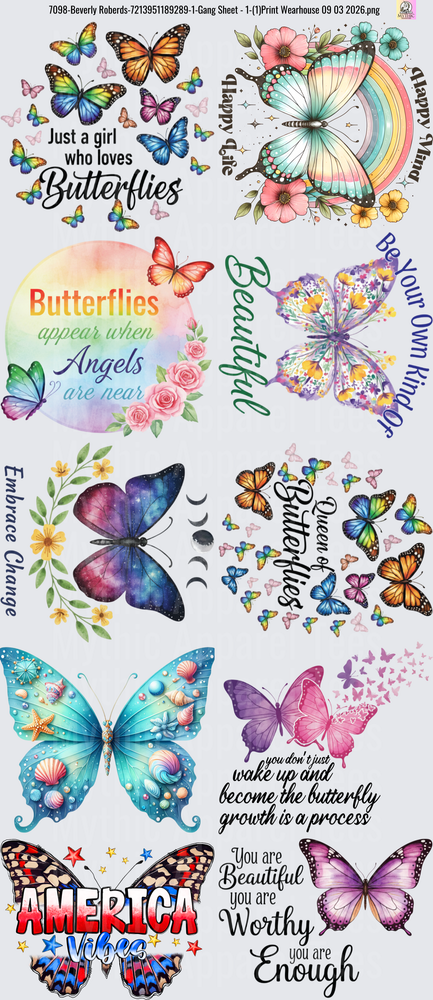 Gang Sheet FULL SIZE DESIGNS Inspirational Butterfly Quotes Collection with Colorful Wings and Floral Elements