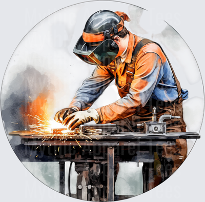 Watercolor Welder With Welding Helmet Sparks Flying Metal Fabrication Circle Design