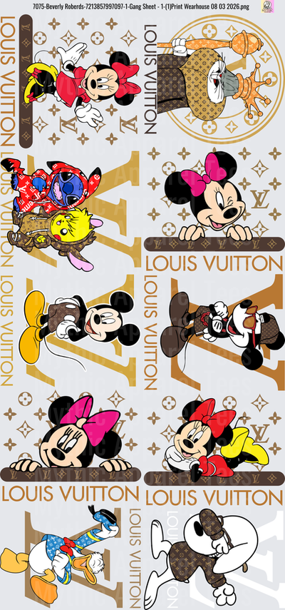 Gang Sheet FULL SIZE DESIGNS Disney Mickey Mouse Minnie Mouse Stitch Donald Duck Louis Vuitton Inspired Collection