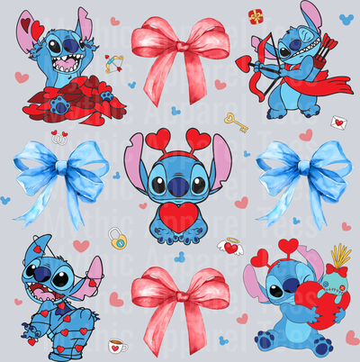 Pink ribbons Stitch Blue Bows Valentines Day DTF Stitch Transfers