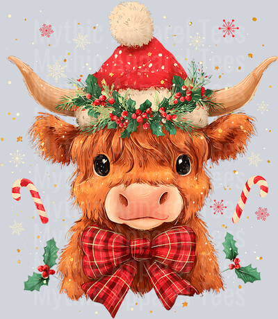 Cute Christmas Highland Cow Mooey Xmas Heifer Santa Hat T-Shirt