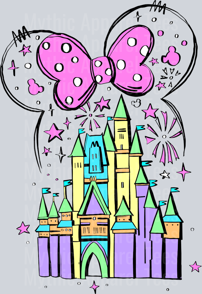 hot pink bow disney castle with yellow purple and green colors DTF Disney Castle Transfers