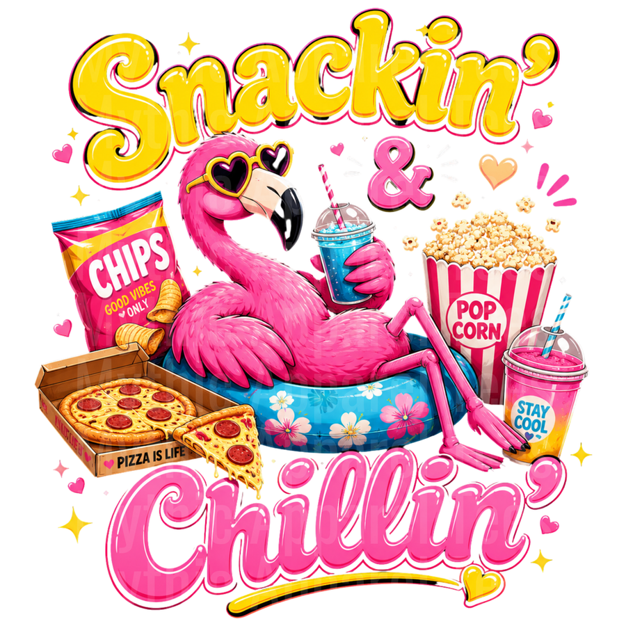 Flamingo Snackin' & Chillin' Pizza Popcorn Chips Cool Vibes