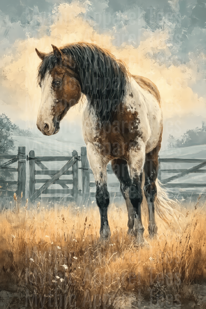 Painted Horse Standing in Golden Meadow with Rustic Fence Oil Painting Style