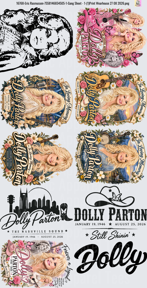 Dolly Parton GANG SHEET In Loving Memory Tribute Collection with Roses Guitars Nashville Skyline Still Shinin Forever A Legend January 19 1946 August 25 2026
