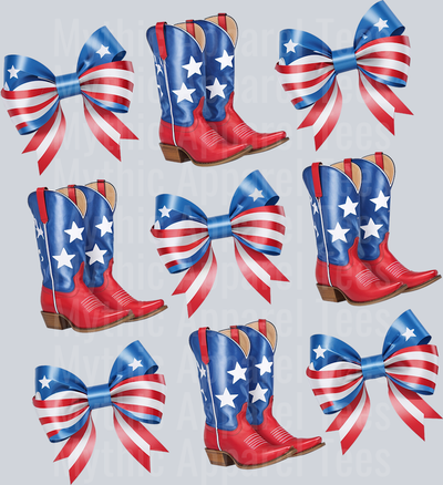 American Flag Bows Cowgirl Boots Red White and Blue DTF Western Patriotic Transfers