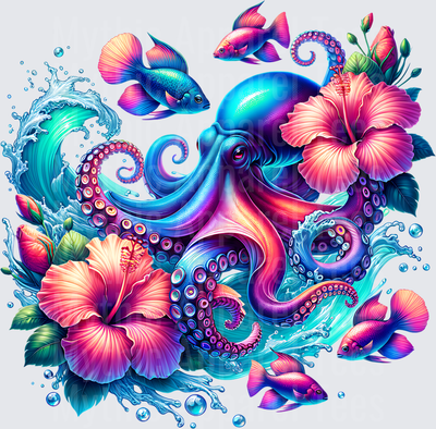 Ocean Animals Vibrant Octopus Hibiscus Tropical Fish Wave Splash