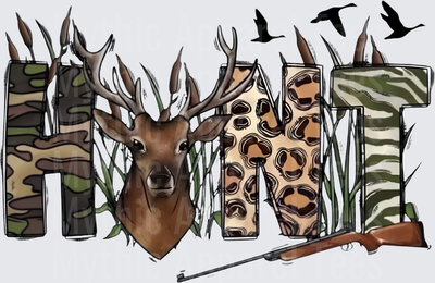 HUNT Letters Camo Leopard Buck Deer Rifle Flying Ducks