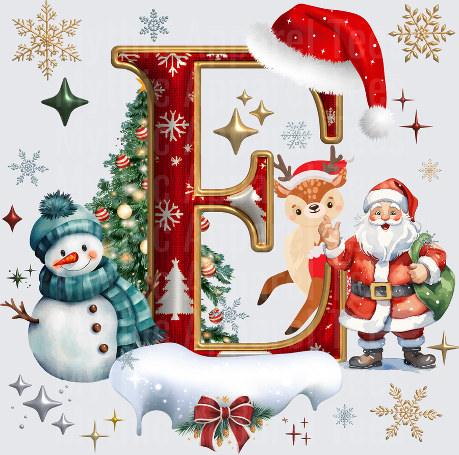 Christmas Holiday Letter E with Santa Claus Reindeer Snowman and Festive Gold Snowflakes