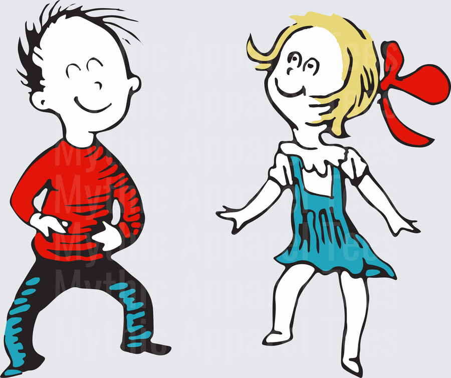 Dr. Seuss Thing One and Thing Two Inspired Boy and Girl Cartoon Kids Dancing in Red and Teal Outfits