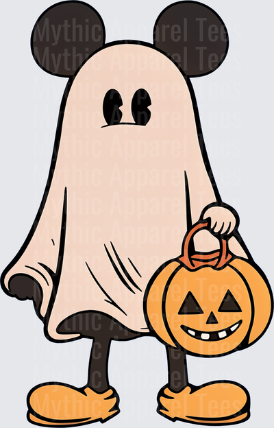 Mickey Mouse Wearing Ghost Sheet Costume Holding Jack-o-Lantern Trick or Treat Pail Halloween