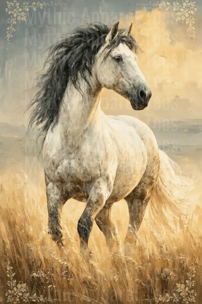 Majestic White Horse with Black Mane Galloping Through Golden Wheat Field Oil Painting Style