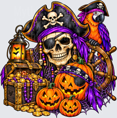 Pirates Skeleton Skull Captain with Jack-o-Lantern Pumpkins Treasure Chest Gold Coins Parrot Ship Wheel Halloween Lantern Purple Beads Spiderweb Design