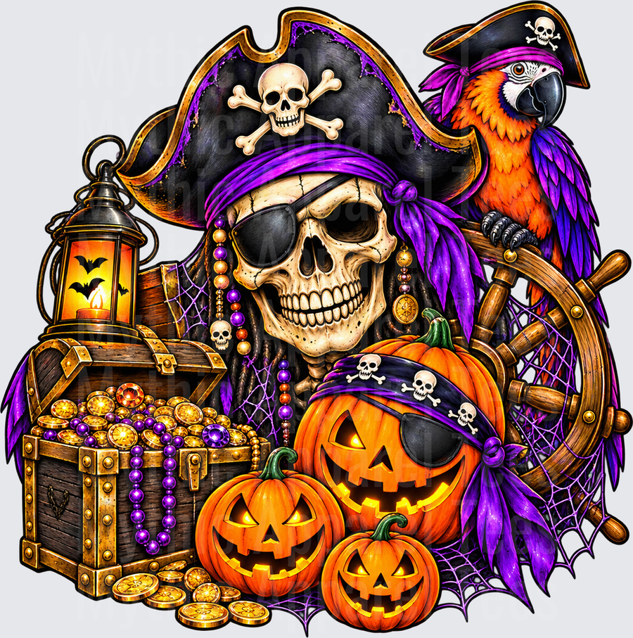 Pirates Skeleton Skull Captain with Jack-o-Lantern Pumpkins Treasure Chest Gold Coins Parrot Ship Wheel Halloween Lantern Purple Beads Spiderweb Design