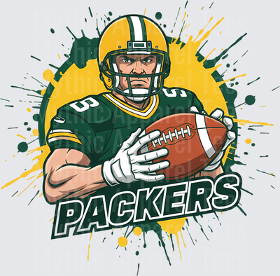 Green Bay Packers Football Player Holding Ball Green and Gold Paint Splatter Graphic