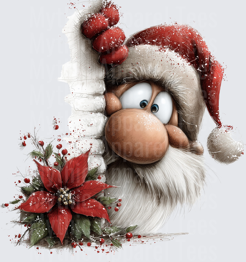 Cartoon Santa Gnome Peeking Around Corner with Poinsettia and Holly Berry Bouquet