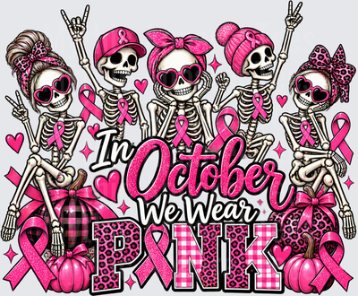 Breast Cancer Awareness In October We Wear Pink Skeleton Squad with Pink Ribbons Pumpkins and Leopard Print