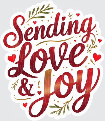 Christmas Sending Love & Joy Red Script with Hearts and Greenery