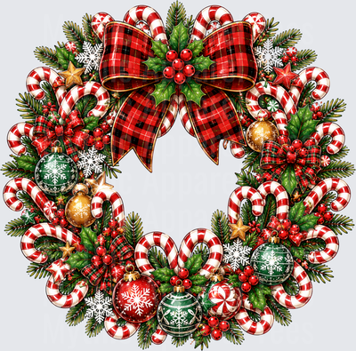 Classic Christmas Wreath with Buffalo Plaid Bow Candy Canes Holly Berries and Ornaments