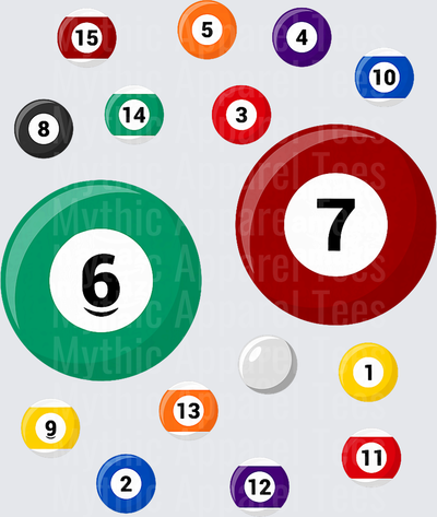 Colorful Billiard Pool Balls Full Set Scattered Layout with Numbers 1 Through 15 and Cue Ball