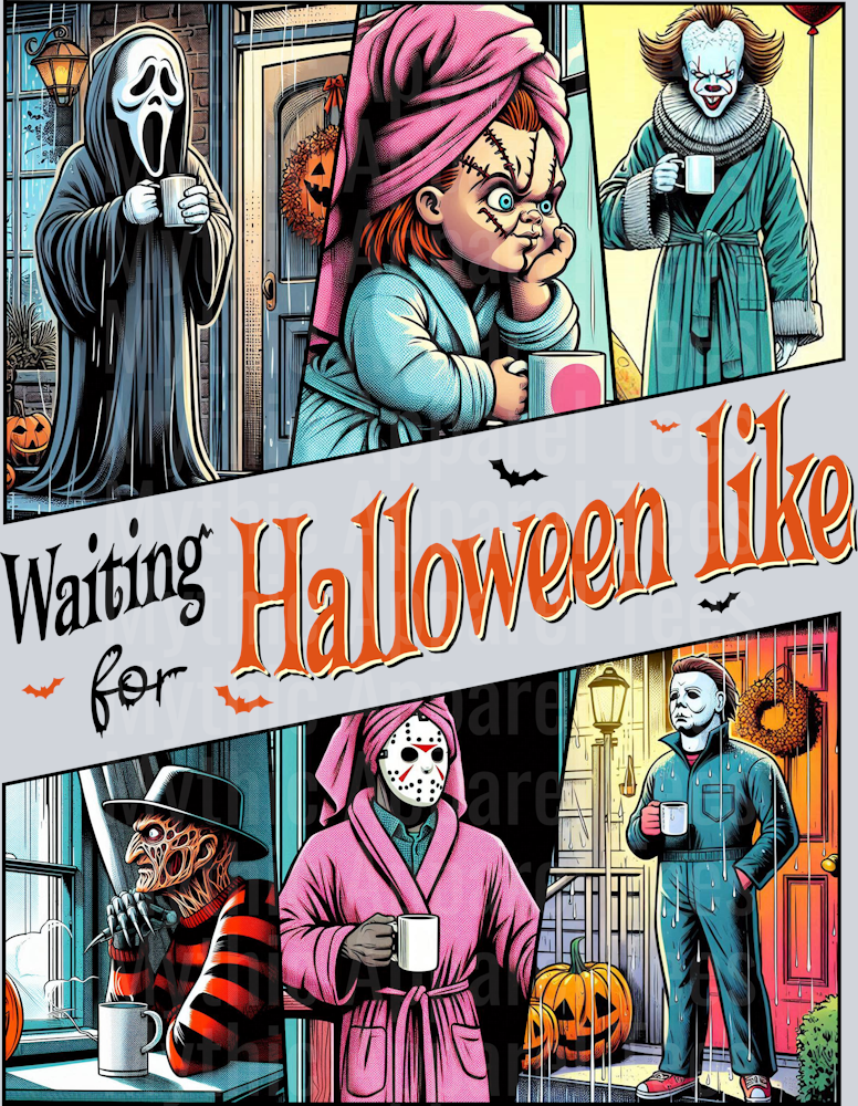 ChuckyWaiting for Halloween Like - Jason Michael Freddy Pennywise Holding Coffee DTF Horror Movie Transfers