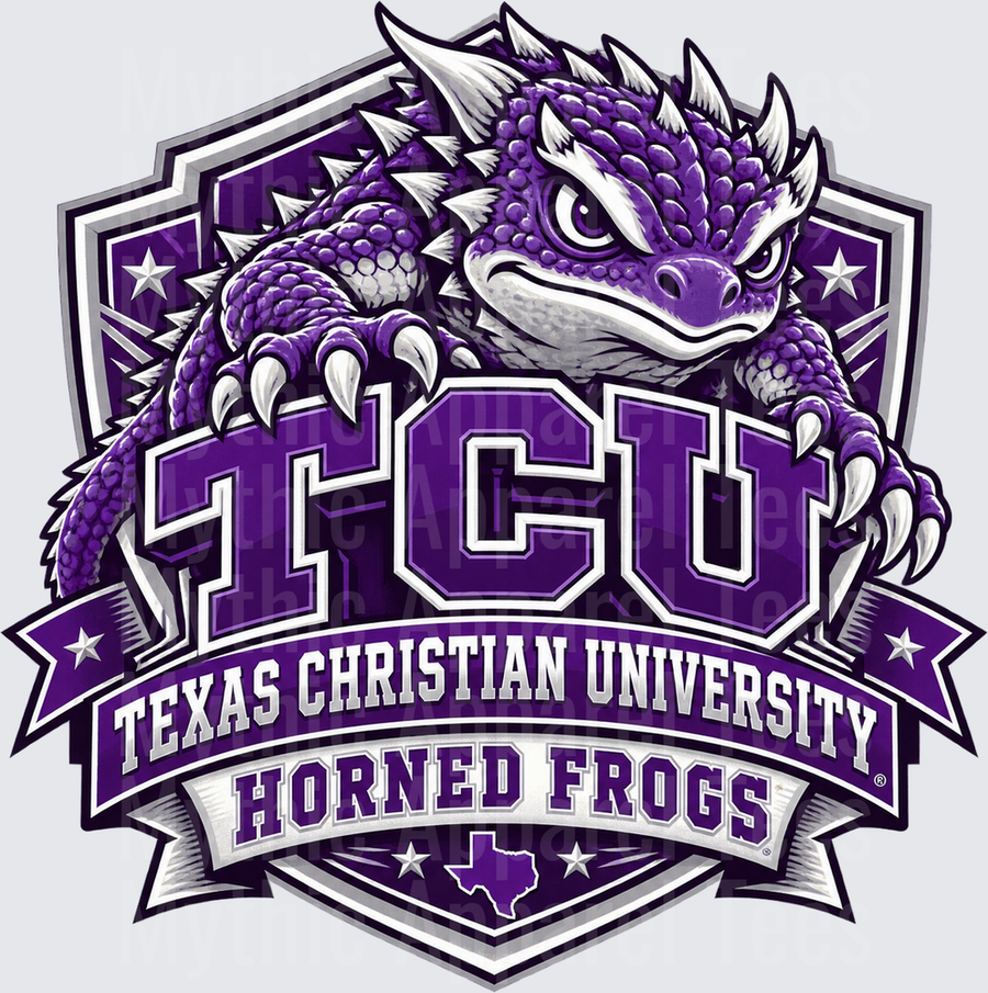 Football TCU Texas Christian University Horned Frogs Purple Mascot Shield Badge with Stars and Texas State Outline