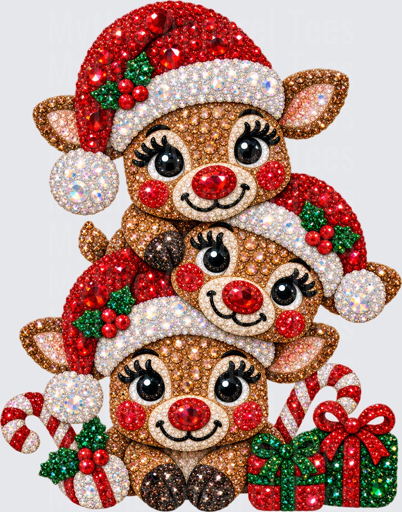Rhinestone Diamond Art Trio of Cute Red Nosed Reindeer Stacked with Santa Hats Candy Canes and Christmas Gifts