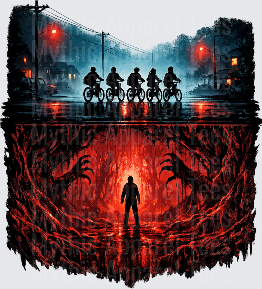 Stranger Things Kids on Bikes Above Upside Down Vecna Lair