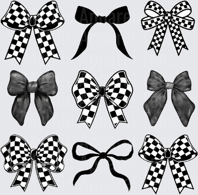 Black and White Checkered Racing Bow Bundle Set of Nine Styles Solid Silhouette and Watercolor Ribbon Bows