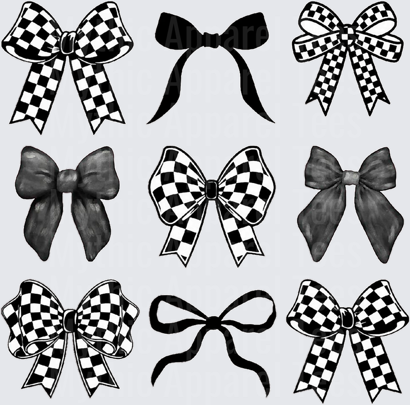 Black and White Checkered Racing Bow Bundle Set of Nine Styles Solid Silhouette and Watercolor Ribbon Bows