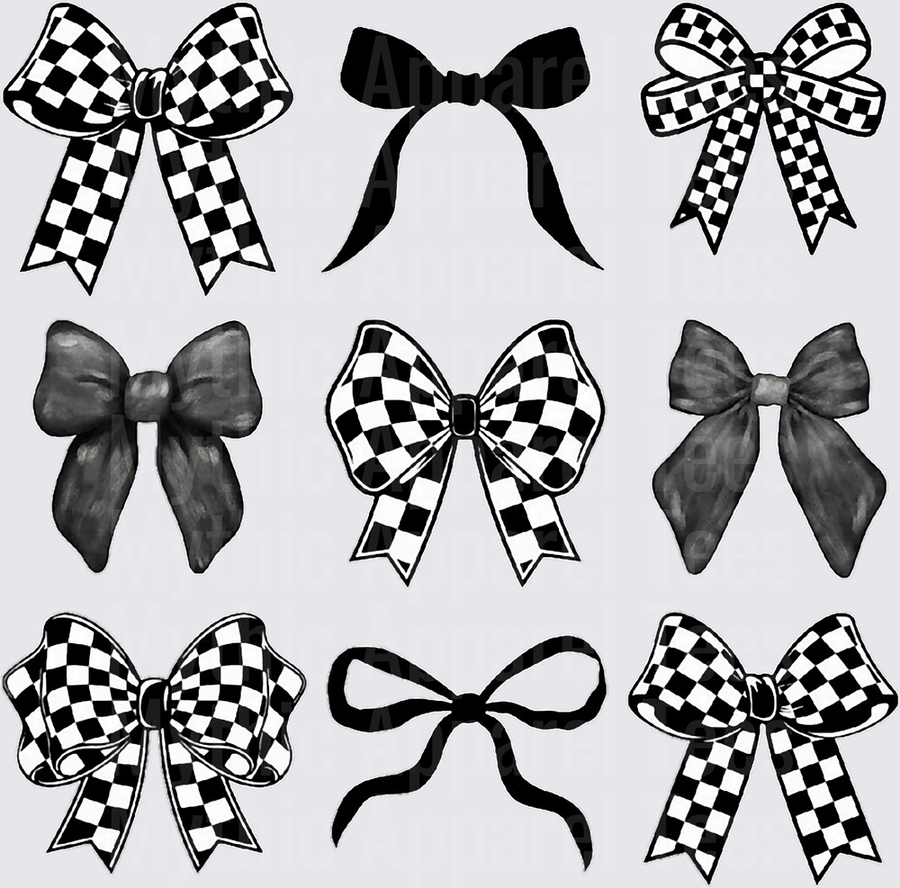 Black and White Checkered Racing Bow Bundle Set of Nine Styles Solid Silhouette and Watercolor Ribbon Bows
