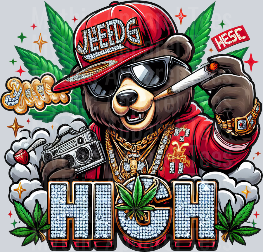 Bear HIGH Rasta Colors floral colors weed plant DTF Weed Transfers