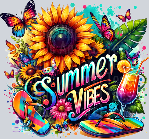 Summer vibes sunflower with butterfly and sandals DTF Summer Transfers
