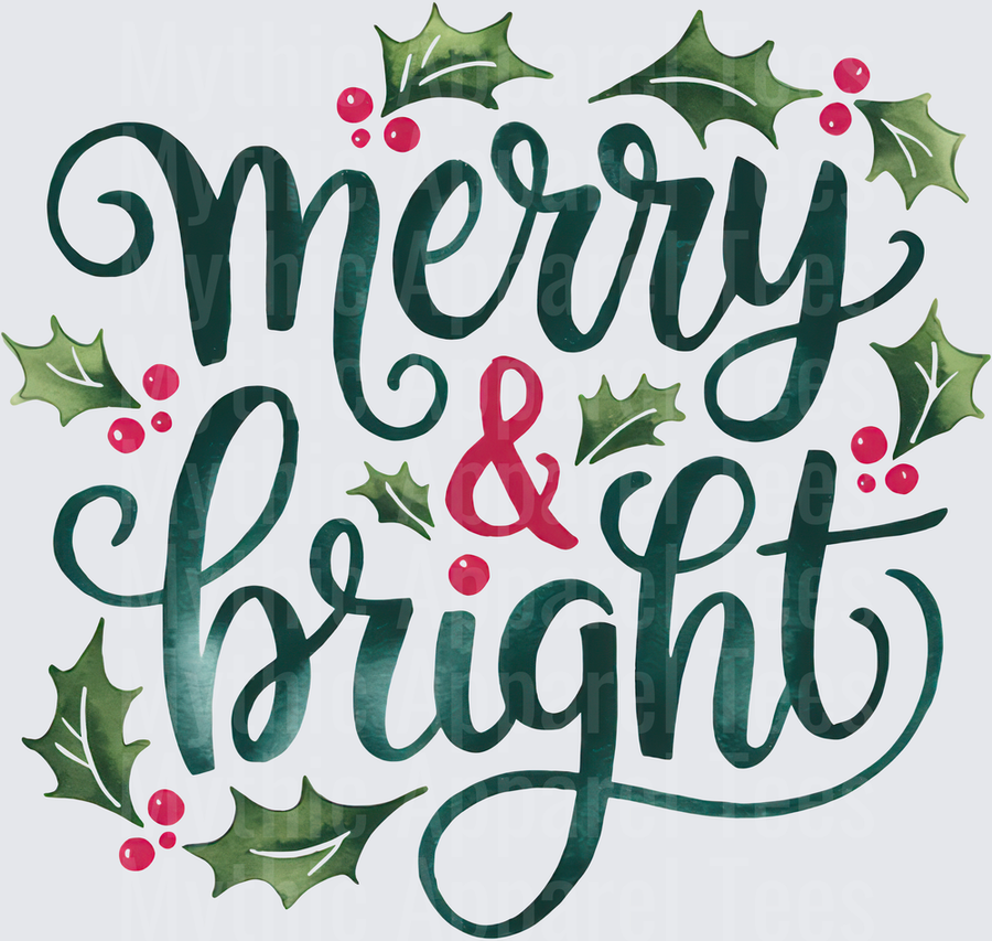 Merry & Bright Watercolor Hand Lettered Script with Holly Leaves and Red Berries Christmas Design