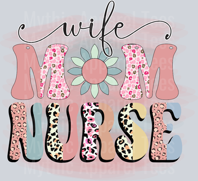Wife Mom Nurse Sublimation Flower pink background DTF Nurse Transfers