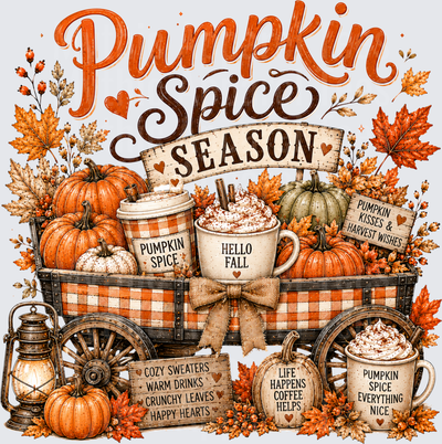 Pumpkin Spice Season Fall Harvest Wagon with Autumn Leaves Cozy Sayings and Whipped Cream Coffee Mugs