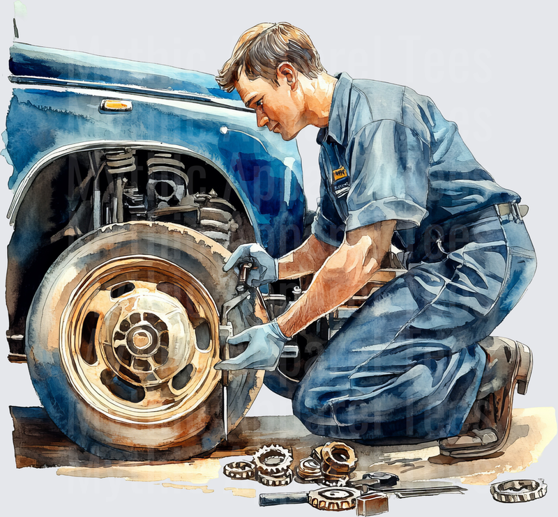 Watercolor Auto Mechanic Working on Classic Blue Car Wheel with Gears and Tools