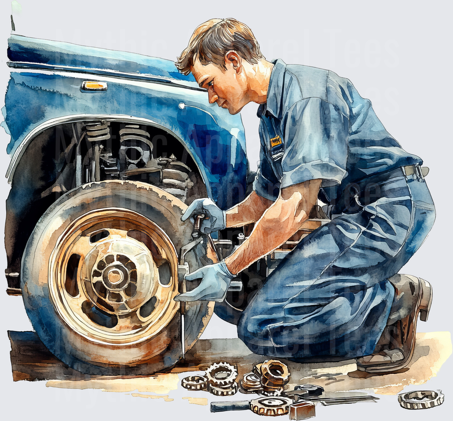 Watercolor Auto Mechanic Working on Classic Blue Car Wheel with Gears and Tools