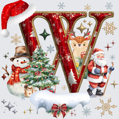 Christmas Letter W with Santa Claus Snowman Reindeer and Decorated Tree Holiday Monogram