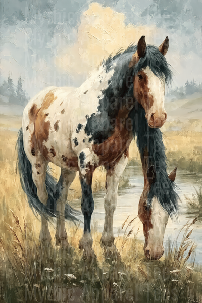 Two Paint Horses Grazing by Stream Oil Painting Style Western Meadow Landscape