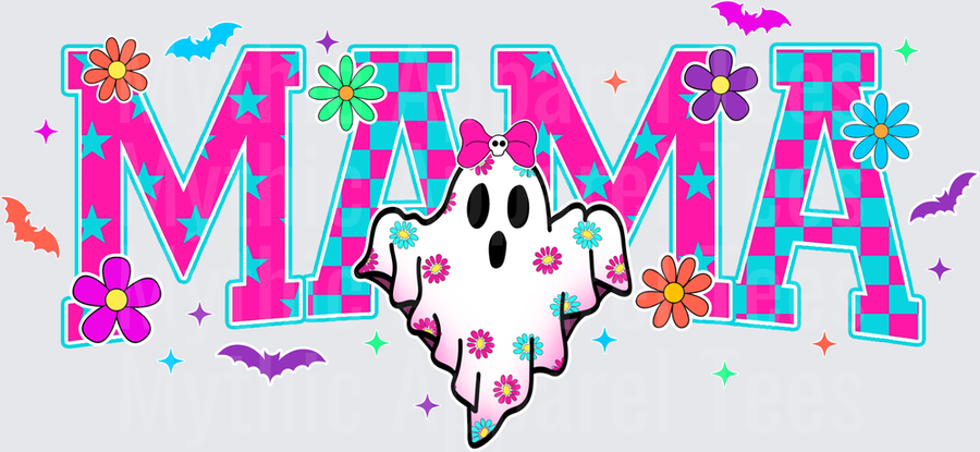 Halloween Mama Groovy Ghost with Pink Bow Checkered Letters Retro Floral Bats and Stars Design