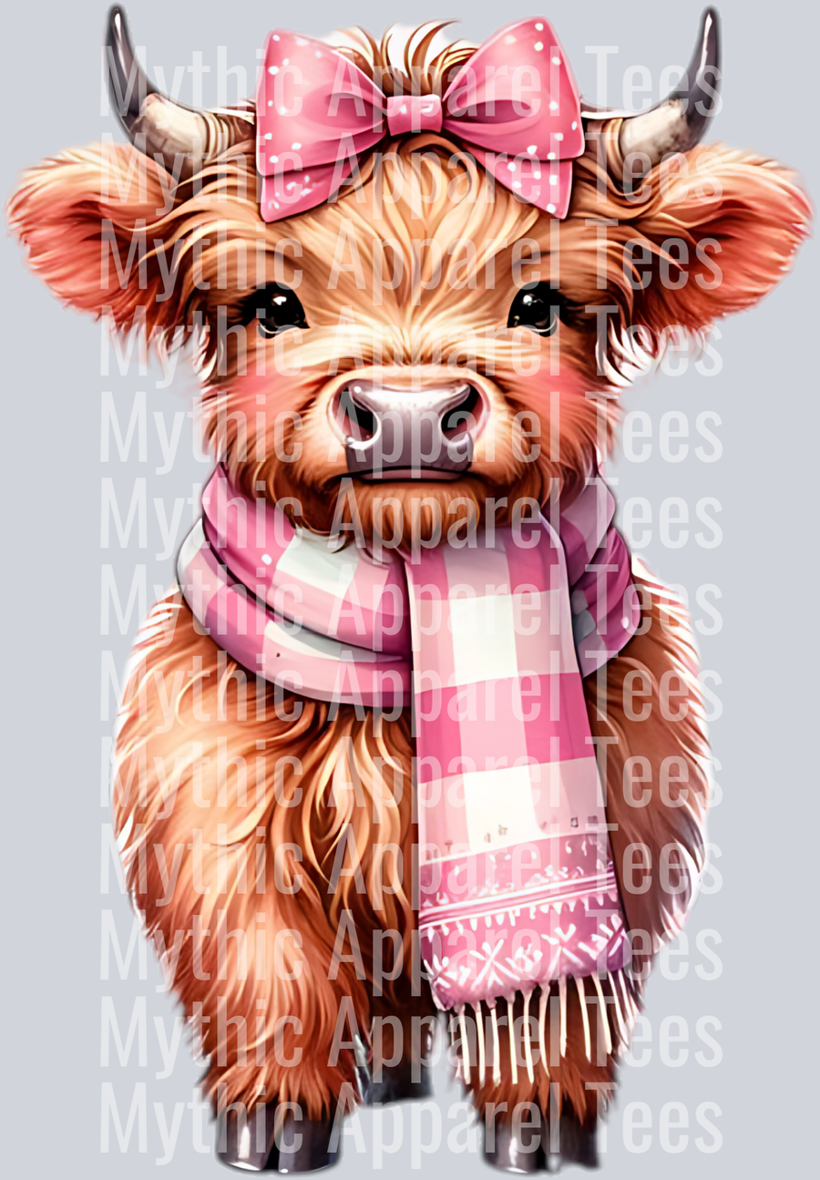 Girly Highland Cow Christmas Scarf and Bow - Highland Cow Christmas Design