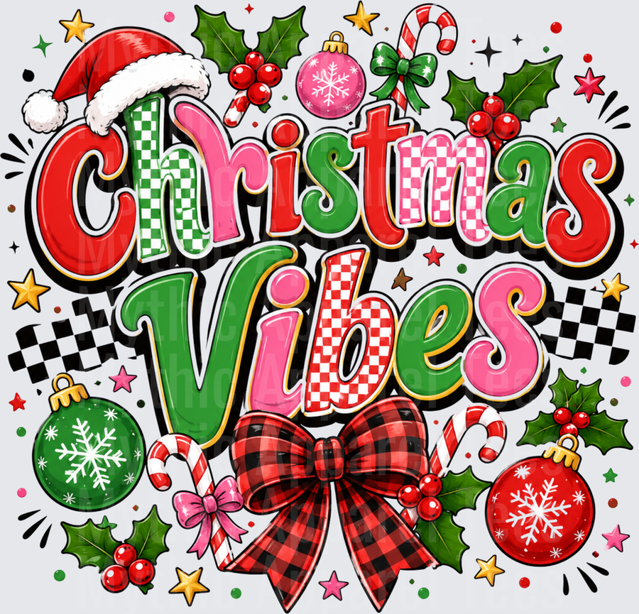 Christmas Vibes Retro Checkered Santa Hat Holly Ornaments Buffalo Plaid Bow Candy Cane Holiday Design