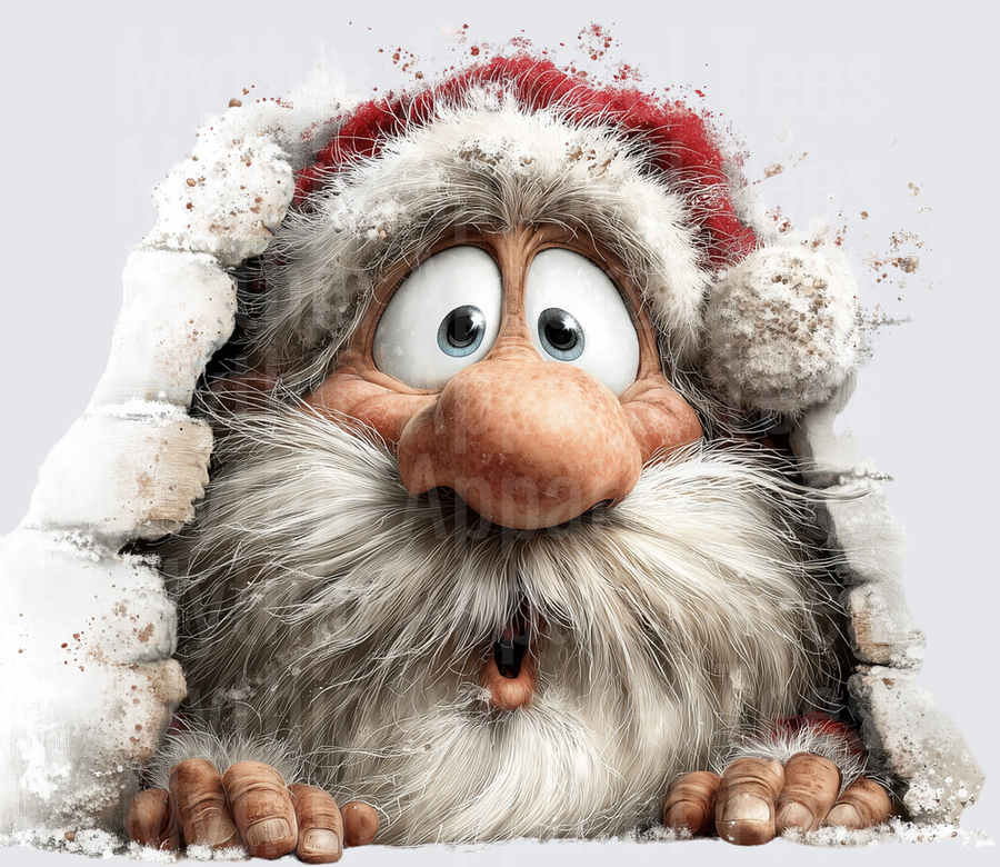 Shocked Cartoon Santa Claus Peeking Through Snowy Wall with Bug Eyes and Fluffy White Beard