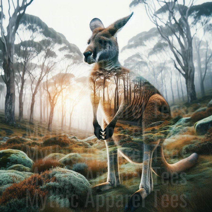 Kangaroo Double Exposure Australian Outback Misty Eucalyptus Forest Wilderness