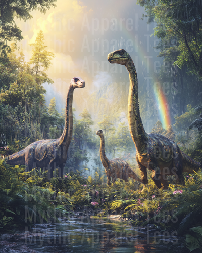Three Brachiosaurus Dinosaurs in Lush Prehistoric Jungle Rainforest with Rainbow and Misty Mountains