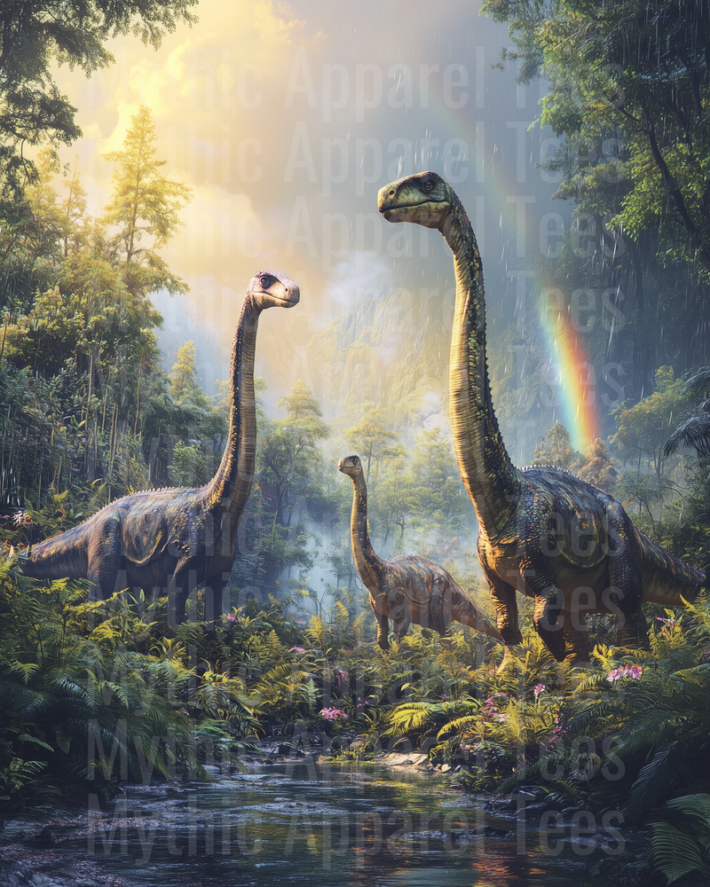 Three Brachiosaurus Dinosaurs in Lush Prehistoric Jungle Rainforest with Rainbow and Misty Mountains