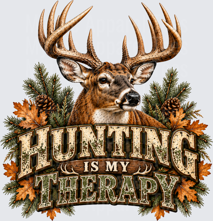 Hunting Is My Therapy Whitetail Buck with Pine Branches and Fall Oak Leaves