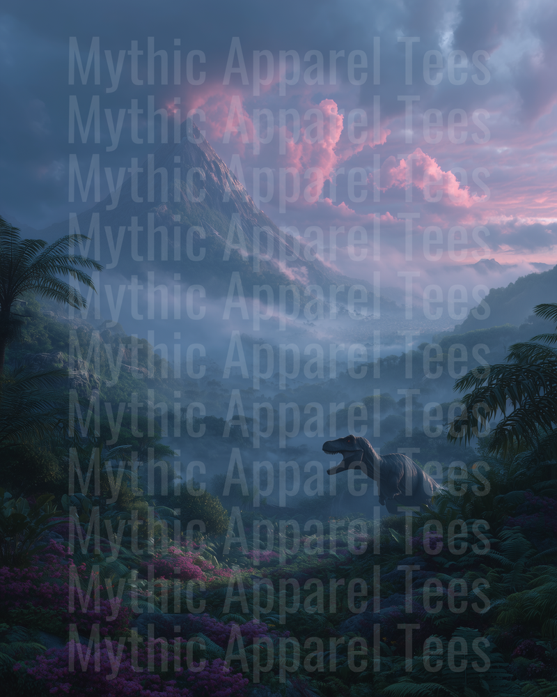 T-Rex Roaming Misty Prehistoric Jungle Landscape With Volcanic Mountain and Purple Wildflowers at Dusk